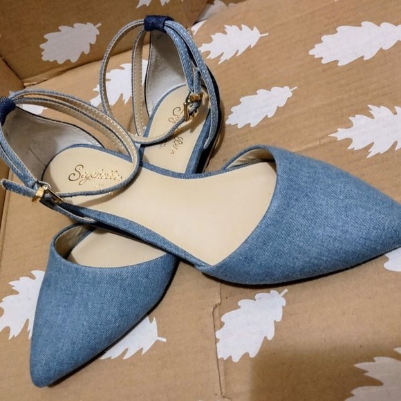Seychelles Plateau Denim Ankle Strap Flats Sz 6 Anthropologie ~ Like New! - Picture 6 of 12